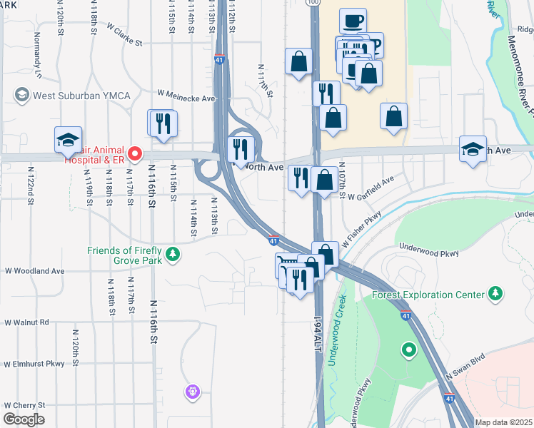 map of restaurants, bars, coffee shops, grocery stores, and more near 11121 West North Avenue in Wauwatosa