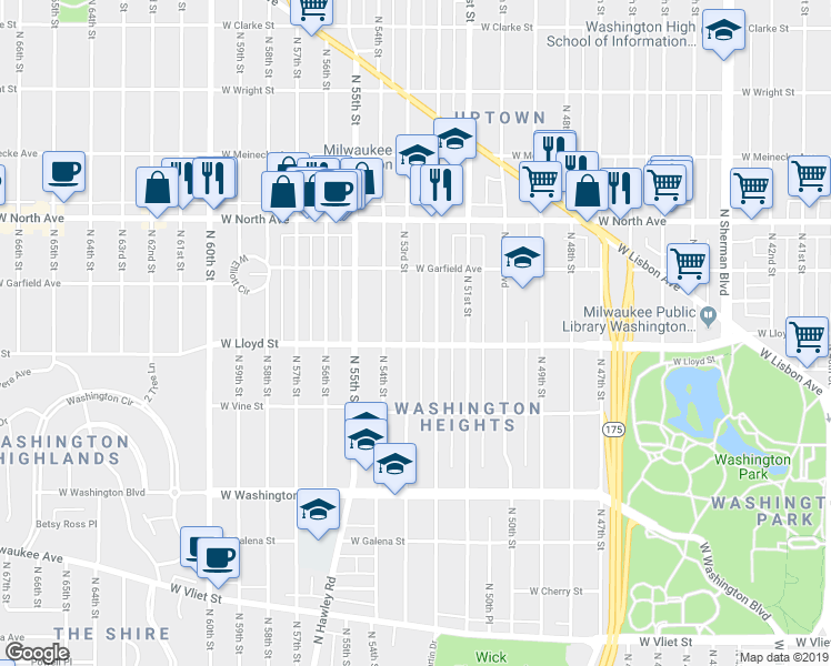 map of restaurants, bars, coffee shops, grocery stores, and more near 2110 North 53rd Street in Milwaukee