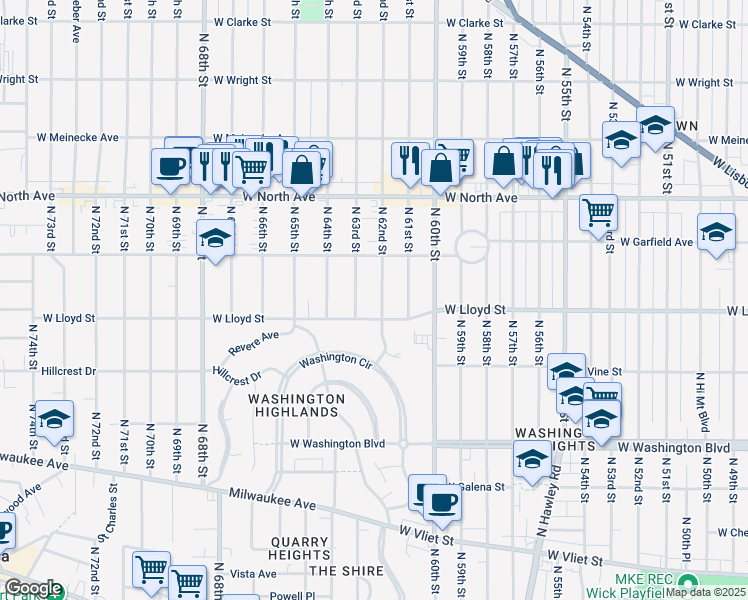 map of restaurants, bars, coffee shops, grocery stores, and more near 2125 North 62nd Street in Wauwatosa