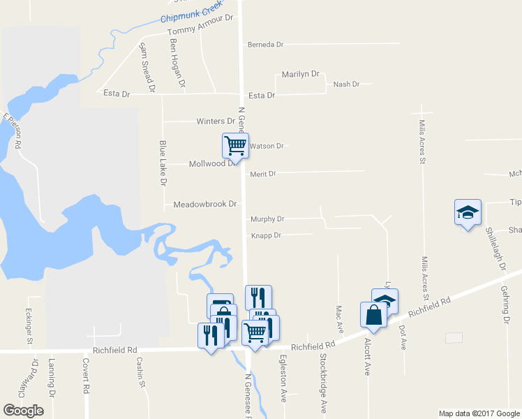 map of restaurants, bars, coffee shops, grocery stores, and more near 3366 North Genesee Road in Flint