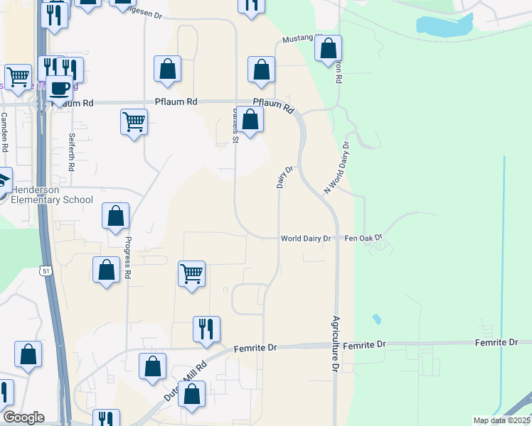 map of restaurants, bars, coffee shops, grocery stores, and more near 2830 Dairy Drive in Madison