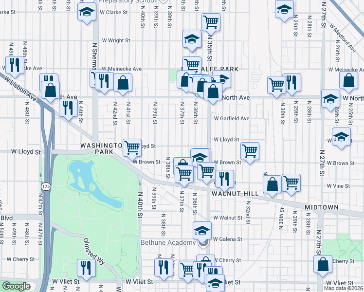 map of restaurants, bars, coffee shops, grocery stores, and more near N 37th St & W Lloyd St in Milwaukee
