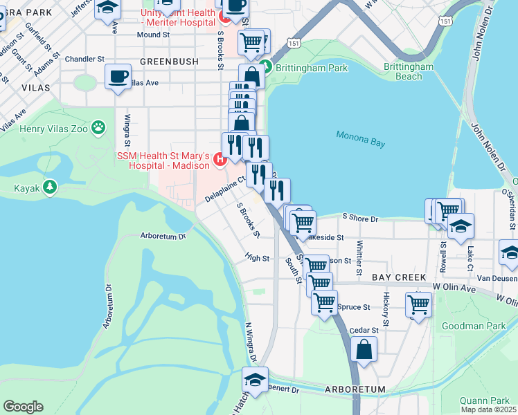 map of restaurants, bars, coffee shops, grocery stores, and more near 909 Haywood Drive in Madison