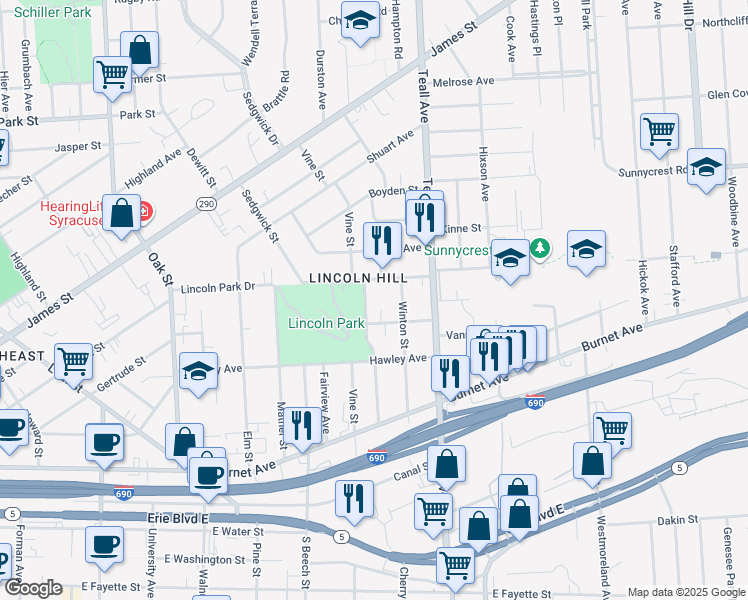 map of restaurants, bars, coffee shops, grocery stores, and more near 328 Sherwood Avenue in Syracuse