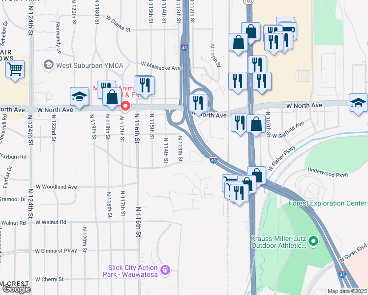 map of restaurants, bars, coffee shops, grocery stores, and more near 2104 North 113th Street in Wauwatosa