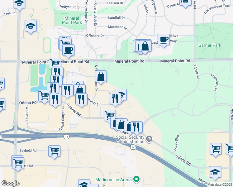 map of restaurants, bars, coffee shops, grocery stores, and more near 6418 Enterprise Lane in Madison