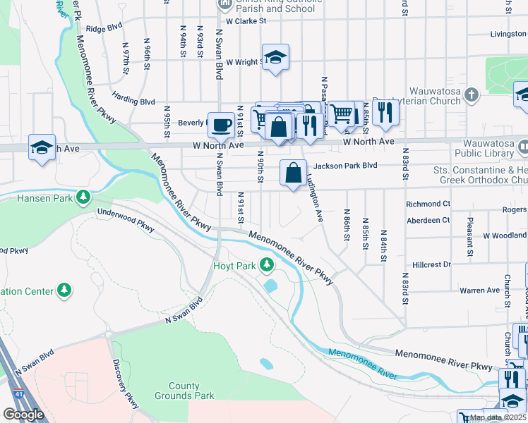 map of restaurants, bars, coffee shops, grocery stores, and more near 2110 N 90th St in Wauwatosa