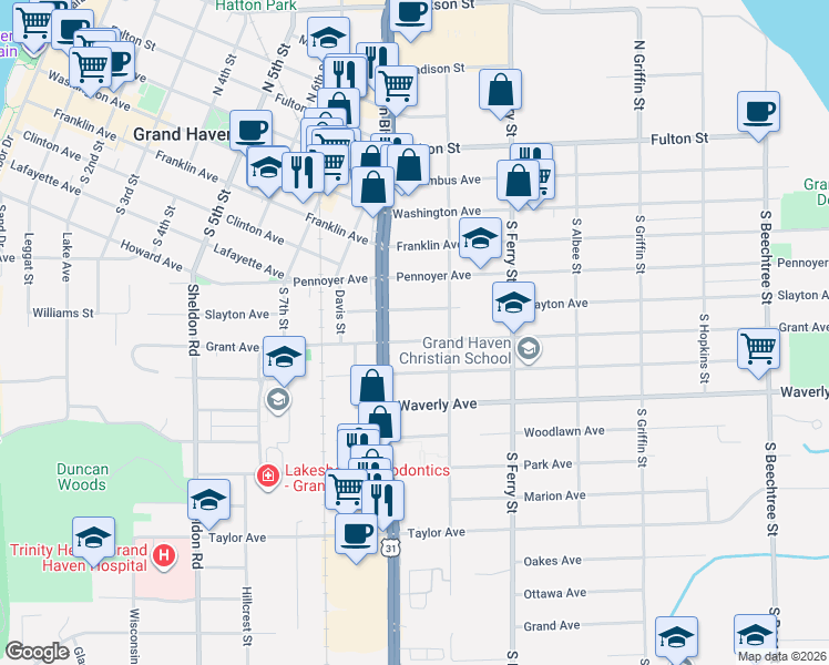 map of restaurants, bars, coffee shops, grocery stores, and more near 909 Grant Avenue in Grand Haven