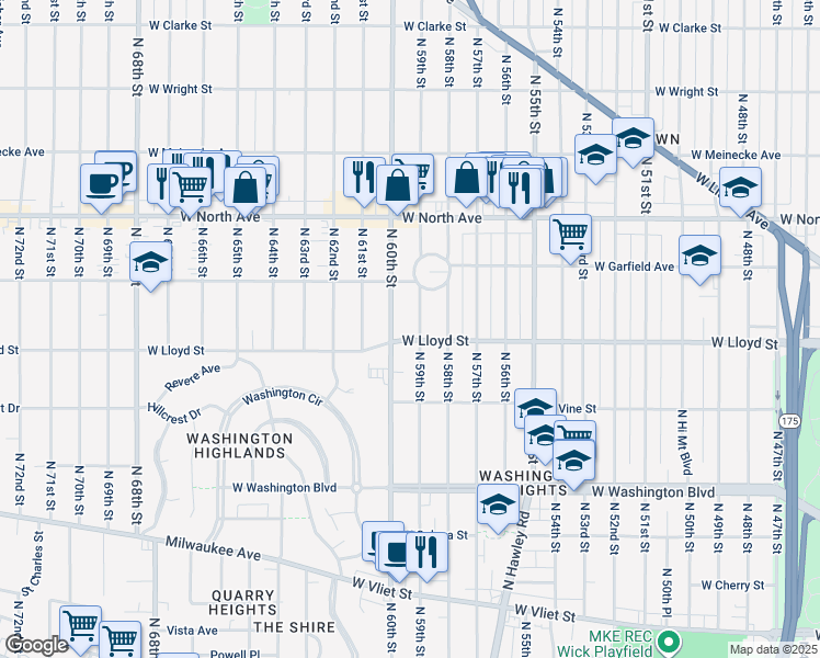 map of restaurants, bars, coffee shops, grocery stores, and more near 2111 North 59th Street in Milwaukee