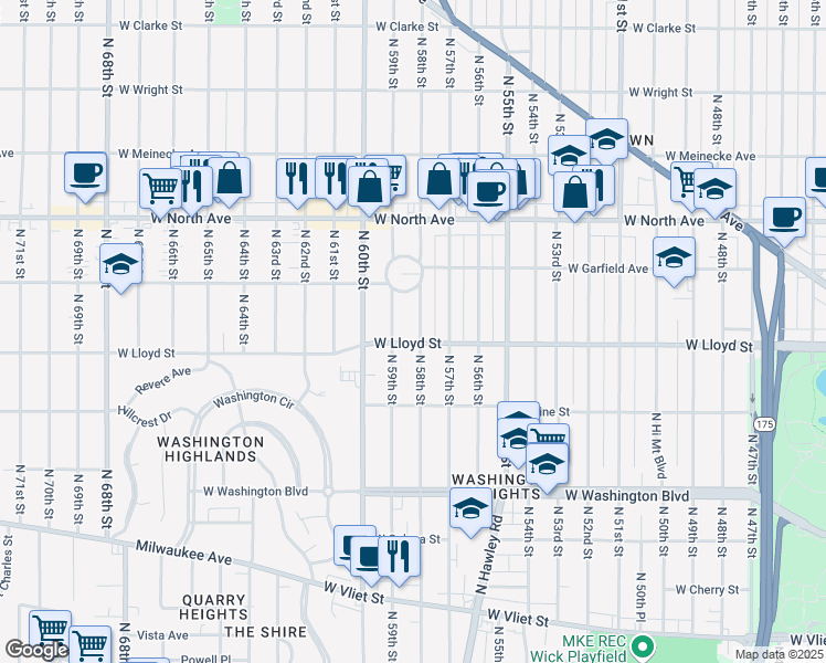 map of restaurants, bars, coffee shops, grocery stores, and more near 2111 North 58th Street in Milwaukee