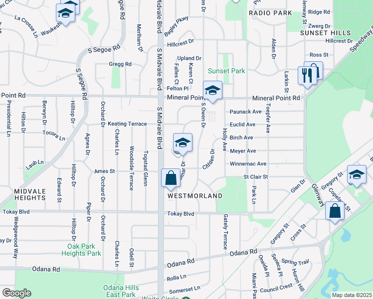map of restaurants, bars, coffee shops, grocery stores, and more near 501 Caromar Drive in Madison