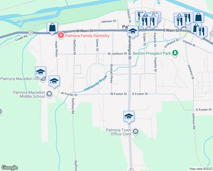 map of restaurants, bars, coffee shops, grocery stores, and more near 373 Birdsall Parkway in Palmyra