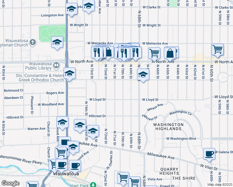 map of restaurants, bars, coffee shops, grocery stores, and more near 2124 North 71st Street in Wauwatosa
