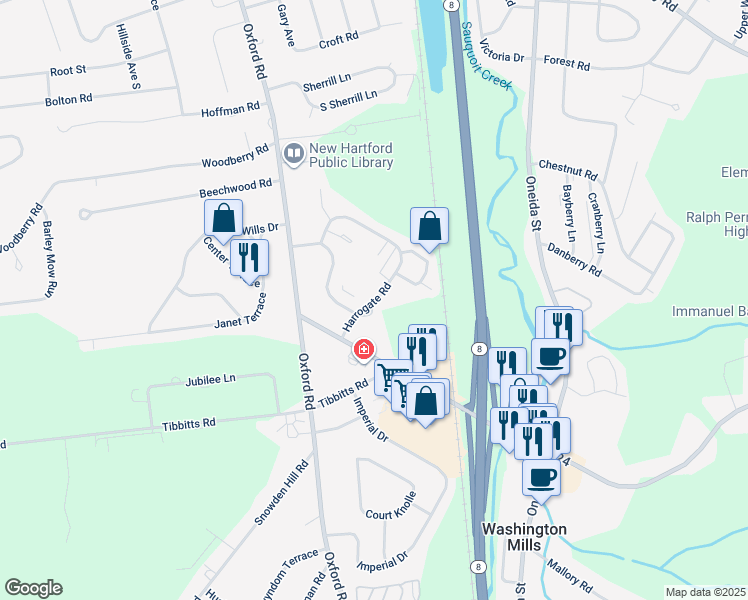 map of restaurants, bars, coffee shops, grocery stores, and more near 113 Harrogate Road in New Hartford