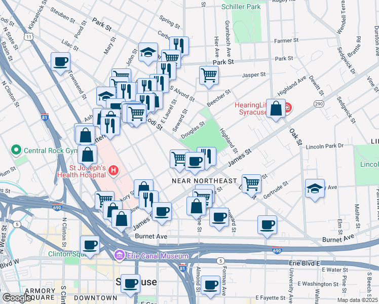 map of restaurants, bars, coffee shops, grocery stores, and more near 1003 Lodi Street in Syracuse
