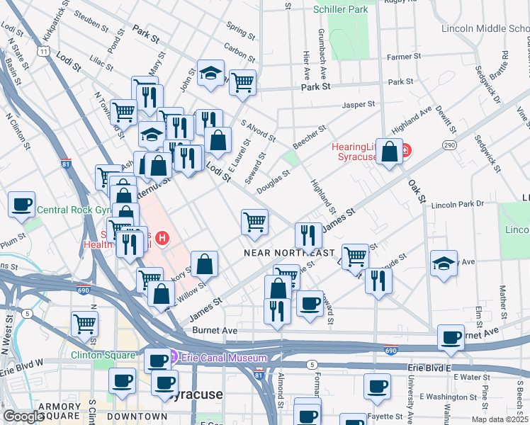 map of restaurants, bars, coffee shops, grocery stores, and more near 1003 Lodi Street in Syracuse