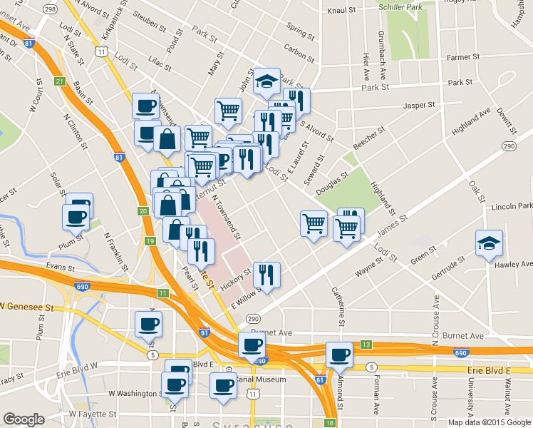 map of restaurants, bars, coffee shops, grocery stores, and more near 631 Catherine Street in Syracuse