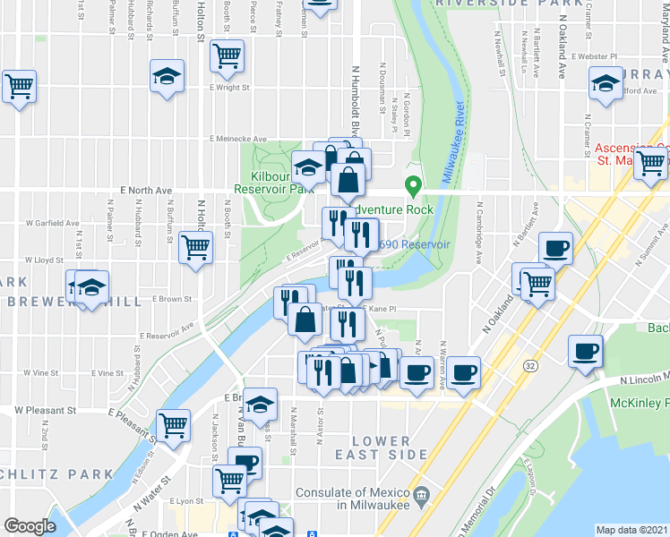 map of restaurants, bars, coffee shops, grocery stores, and more near 2070 North Riverboat Road in Milwaukee
