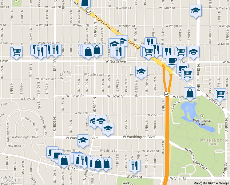 map of restaurants, bars, coffee shops, grocery stores, and more near 2110 North 53rd Street in Milwaukee
