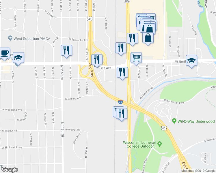map of restaurants, bars, coffee shops, grocery stores, and more near 11121 West North Avenue in Wauwatosa