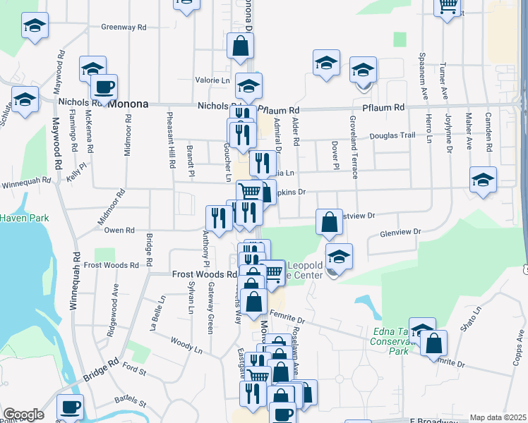 map of restaurants, bars, coffee shops, grocery stores, and more near 5720 Monona Drive in Monona