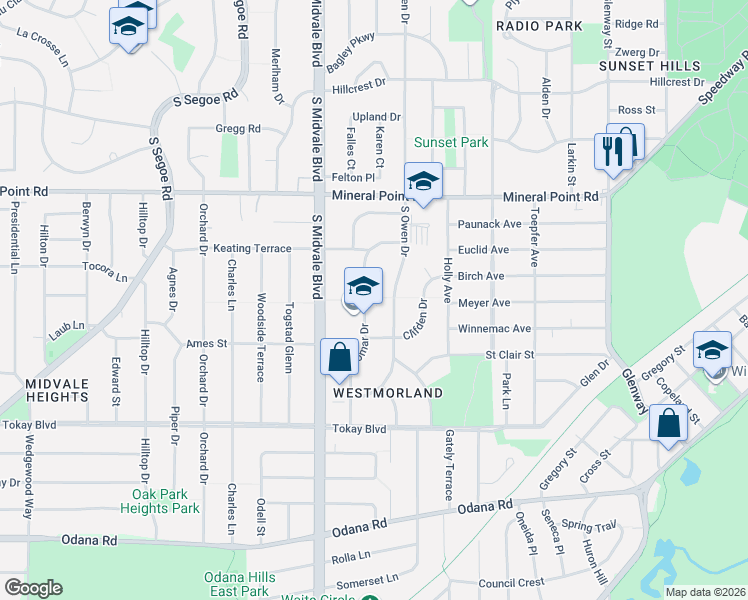 map of restaurants, bars, coffee shops, grocery stores, and more near 501 Caromar Drive in Madison