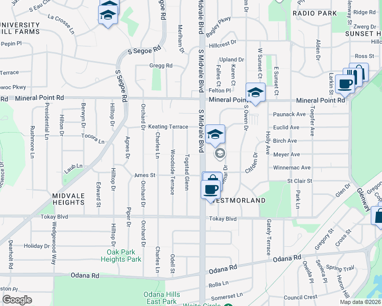 map of restaurants, bars, coffee shops, grocery stores, and more near 466 Togstad Glenn in Madison