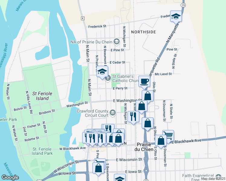 map of restaurants, bars, coffee shops, grocery stores, and more near 426 North Beaumont Road in Prairie du Chien