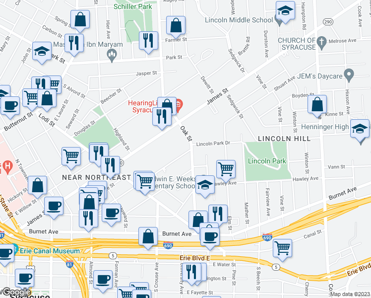 map of restaurants, bars, coffee shops, grocery stores, and more near 365 Green Street in Syracuse