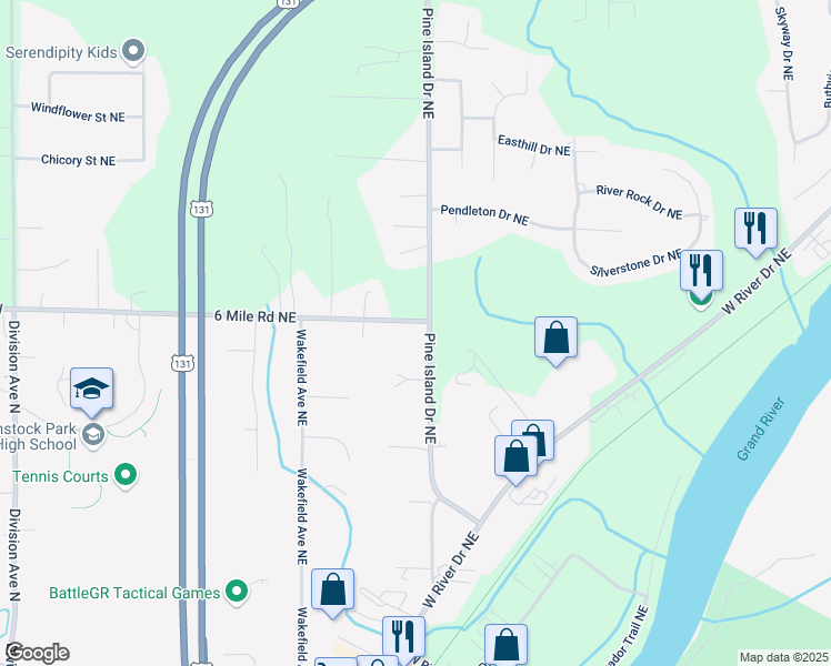 map of restaurants, bars, coffee shops, grocery stores, and more near 600 6 Mile Road Northeast in Comstock Park