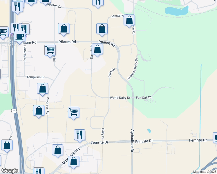 map of restaurants, bars, coffee shops, grocery stores, and more near 2830 Dairy Drive in Madison