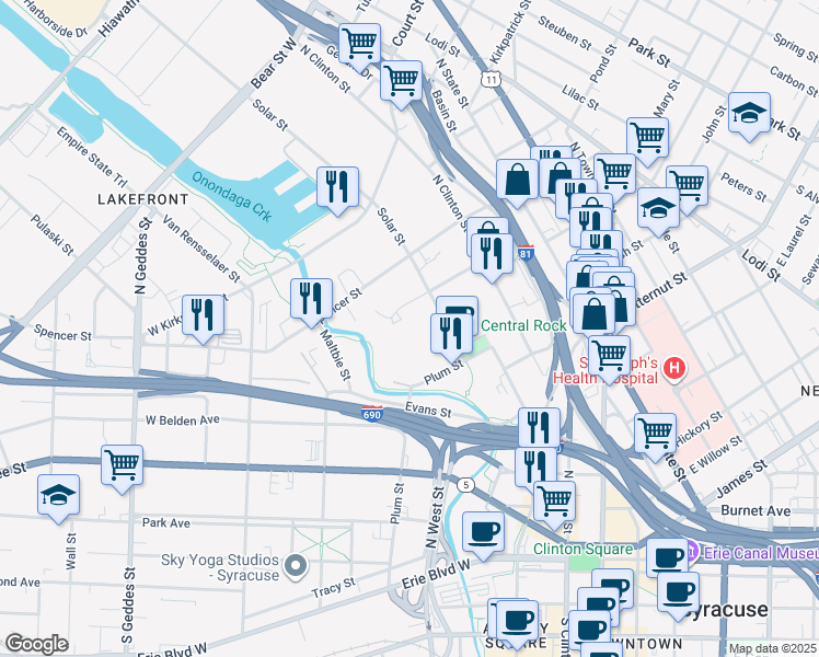 map of restaurants, bars, coffee shops, grocery stores, and more near 401 West Division Street in Syracuse