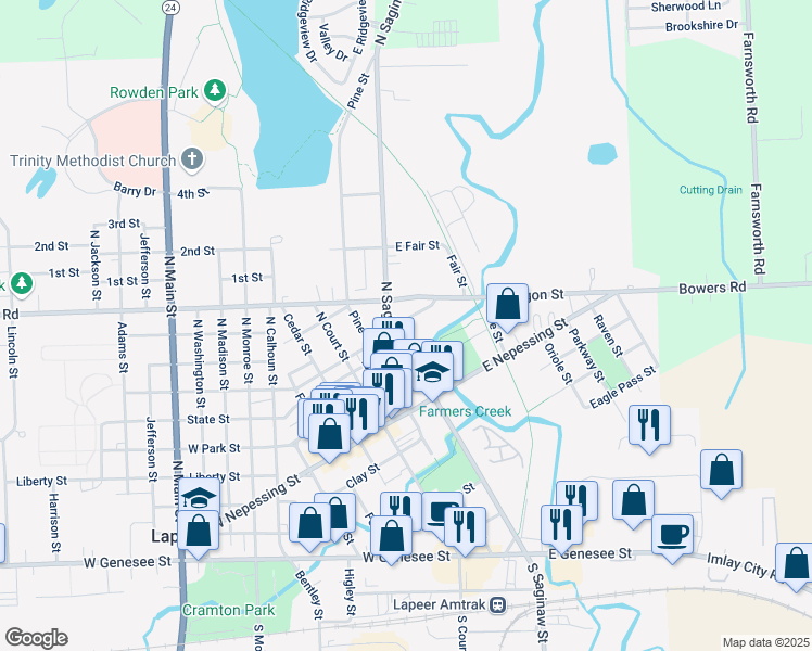map of restaurants, bars, coffee shops, grocery stores, and more near 20 Mill Street in Lapeer