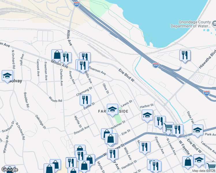 map of restaurants, bars, coffee shops, grocery stores, and more near 118 Olive Street in Syracuse