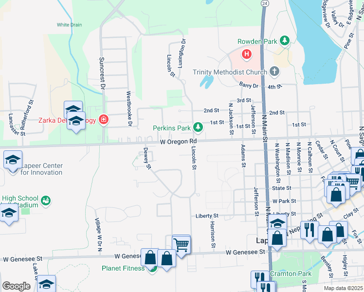 map of restaurants, bars, coffee shops, grocery stores, and more near 1465 West Oregon Street in Lapeer