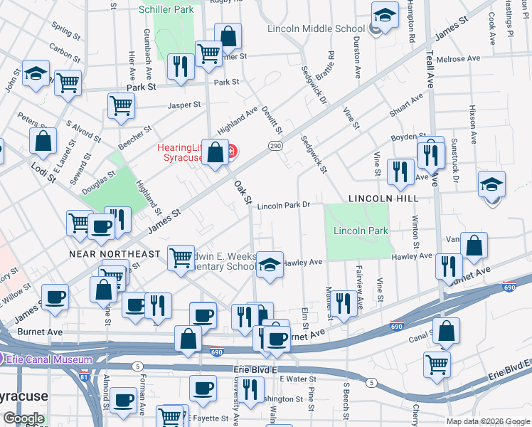 map of restaurants, bars, coffee shops, grocery stores, and more near 104 Lincoln Park Dr in Syracuse