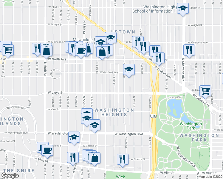 map of restaurants, bars, coffee shops, grocery stores, and more near 2115 North 51st Street in Milwaukee