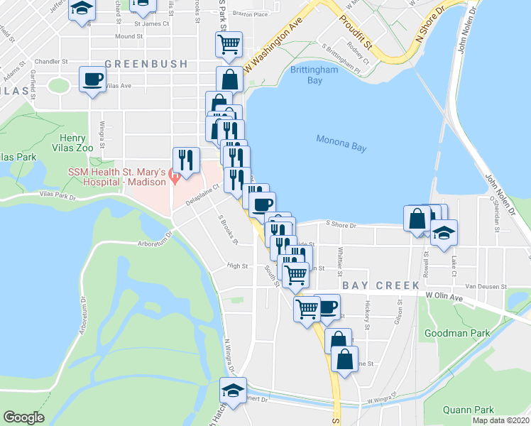 map of restaurants, bars, coffee shops, grocery stores, and more near 946 West Shore Drive in Madison