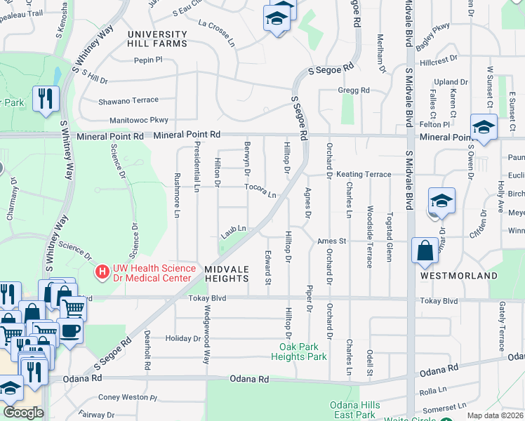 map of restaurants, bars, coffee shops, grocery stores, and more near 474 S Segoe Rd in Madison