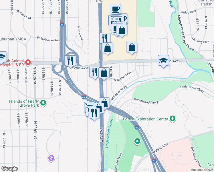 map of restaurants, bars, coffee shops, grocery stores, and more near 2109 West Fisher Parkway in Wauwatosa