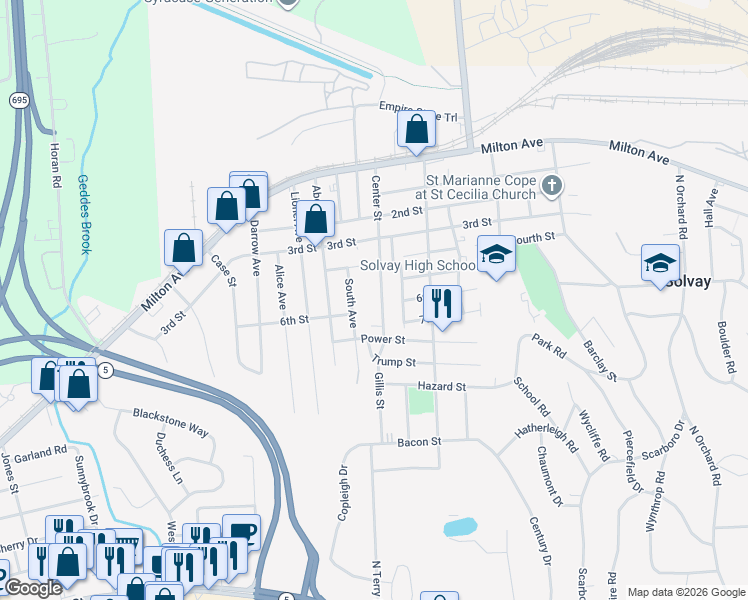 map of restaurants, bars, coffee shops, grocery stores, and more near 426 Center Street in Syracuse