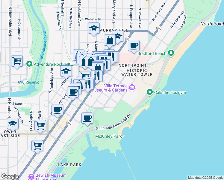 map of restaurants, bars, coffee shops, grocery stores, and more near 2135 North Lake Drive in Milwaukee