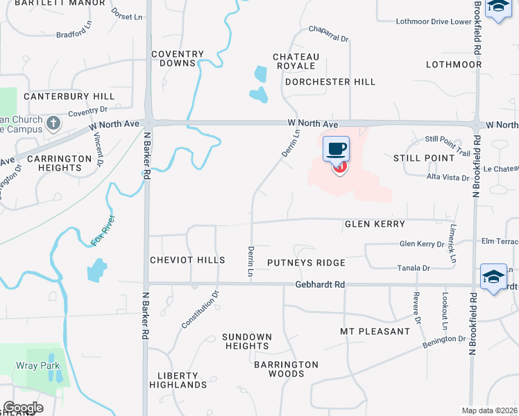 map of restaurants, bars, coffee shops, grocery stores, and more near 1980 Derrin Lane in Brookfield