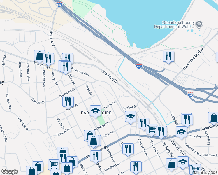 map of restaurants, bars, coffee shops, grocery stores, and more near 829 Emerson Avenue in Syracuse