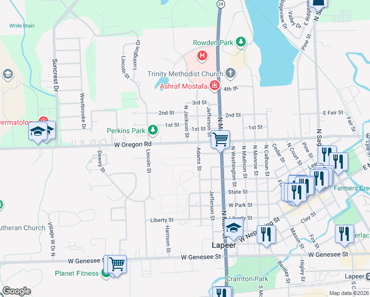 map of restaurants, bars, coffee shops, grocery stores, and more near 1245 West Oregon Street in Lapeer