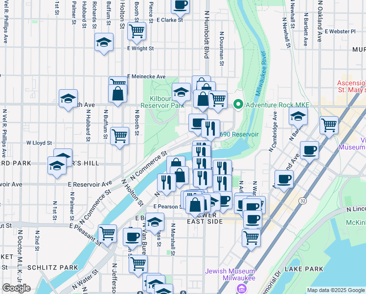 map of restaurants, bars, coffee shops, grocery stores, and more near 1915 North Pierce Street in Milwaukee