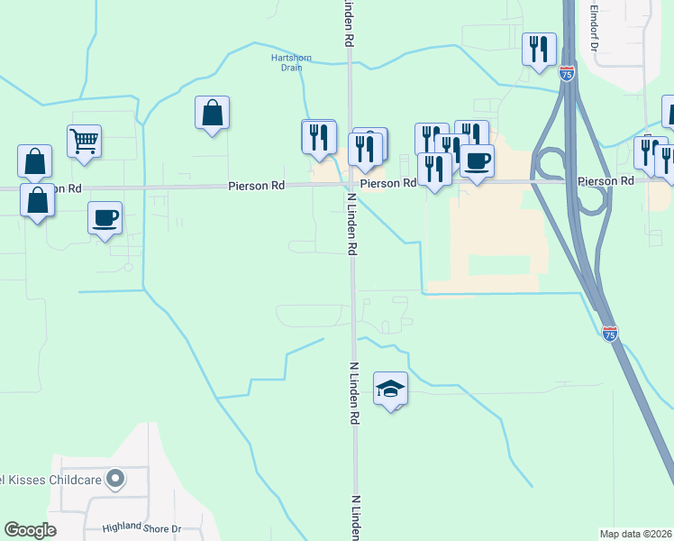 map of restaurants, bars, coffee shops, grocery stores, and more near 3415 North Linden Road in Flint
