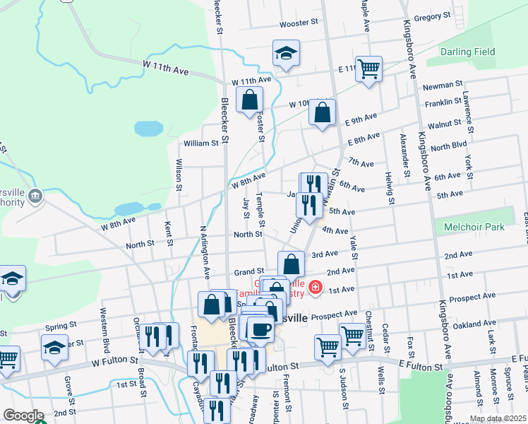 map of restaurants, bars, coffee shops, grocery stores, and more near 46 Temple Street in Gloversville