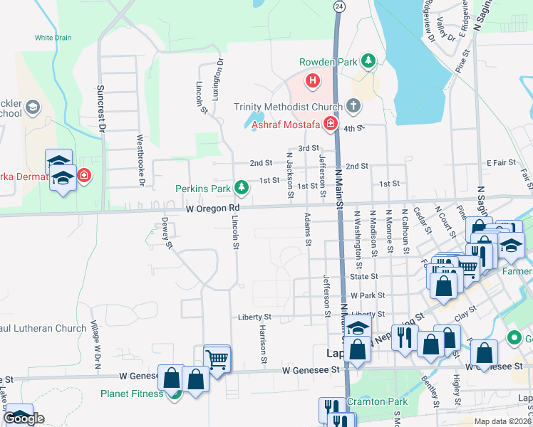 map of restaurants, bars, coffee shops, grocery stores, and more near 1279 West Oregon Street in Lapeer