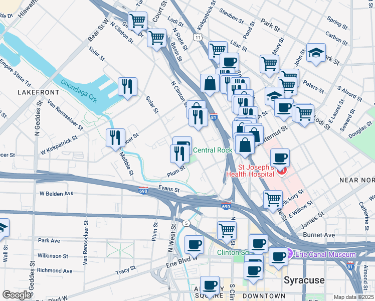 map of restaurants, bars, coffee shops, grocery stores, and more near 1 Dupli Park Drive in Syracuse
